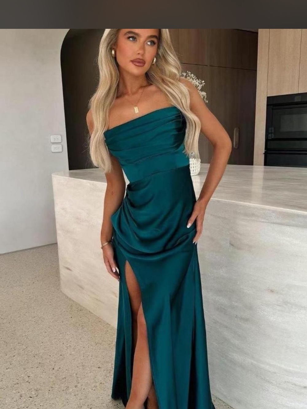 Teal Strapless Satin Evening Gown with Front Slit